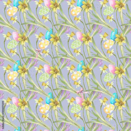 Seamless pattern with spring flowers, Easter eggs, leaves watercolor illustration isolated on color back. Narcissus and eggs hand drawn in pastel tones for Easter cards, packaging and festive decor
