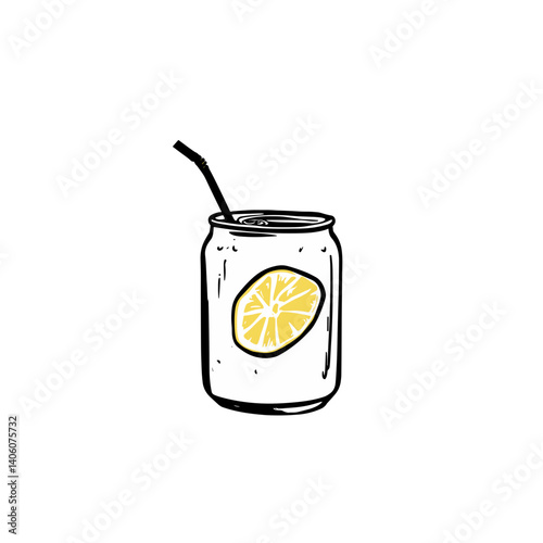 Black outline soda can with lemon slice and straw