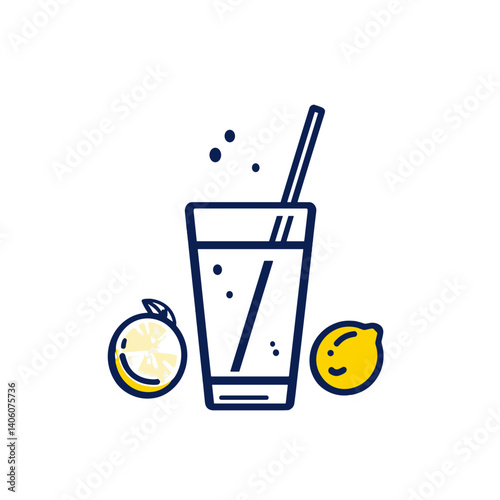 Lemonade glass with straw and lemons icon on white background
