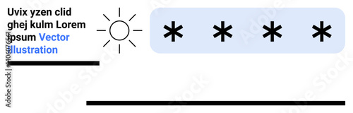 Sun icon beside placeholder text and asterisk symbols for rating set in a clean layout. Ideal for concepts of evaluation, creativity, simplicity, design, education, user interface, simple landing