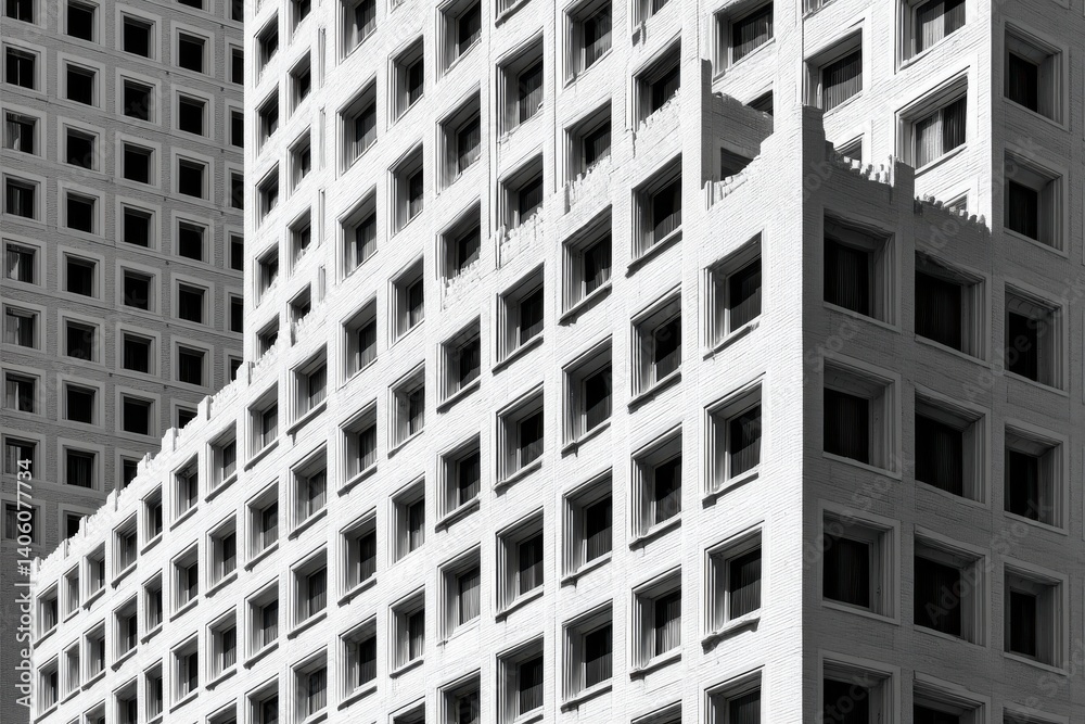 A monochromatic architectural view of tall urban buildings with repetitive window pattern, showing the uniformity and geometry of the city skyline. A monochromatic architectural view of tall urban buildings with repetitive window pattern, showing the uniformity and geometry of the city skyline.