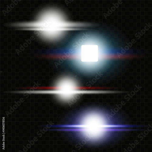 On a transparent background there are four horizontal glowing elements, light stripes, lens flares, a bright light source, a blurred glow effect and an optical phenomenon. Vector illustration EPS10.