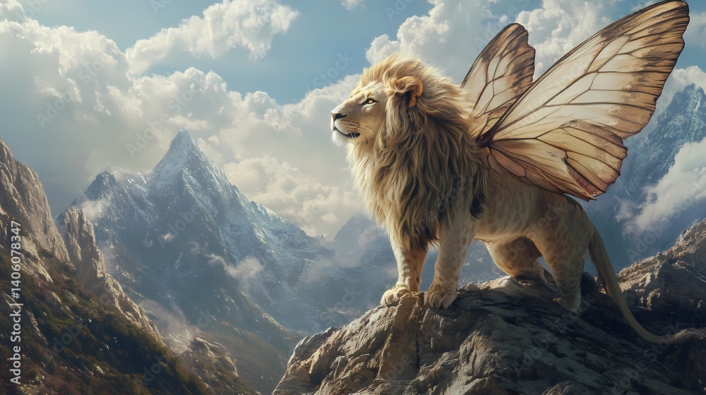 Obraz premium Mythical lion with butterfly wings in mountainous landscape, majestic and surreal, fantasy theme, enchanting aura.