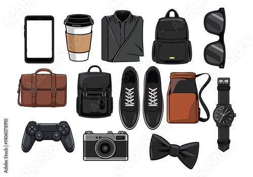 Flat lay of stylish accessories, camera, phone, shoes, bags, and watch for modern