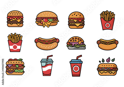 Set of fast food items including burgers, fries, hot dogs, and soft drinks
