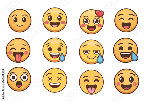Collection of various facial expression emojis, including happy, sad, and playful faces