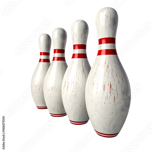 Classic Wooden Bowling Pins with Red Stripes – High-Quality 3D Render