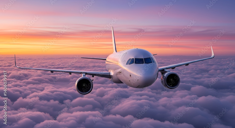 Fototapeta premium Airplane flying above the clouds during sunset, a travel concept for airline brochures and tourism websites