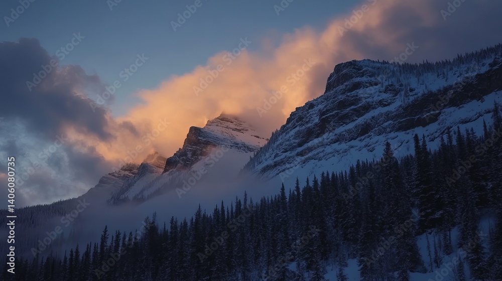 Obraz premium Snowy mountains with clouds and evergreens at dusk creating a serene and majestic landscape view