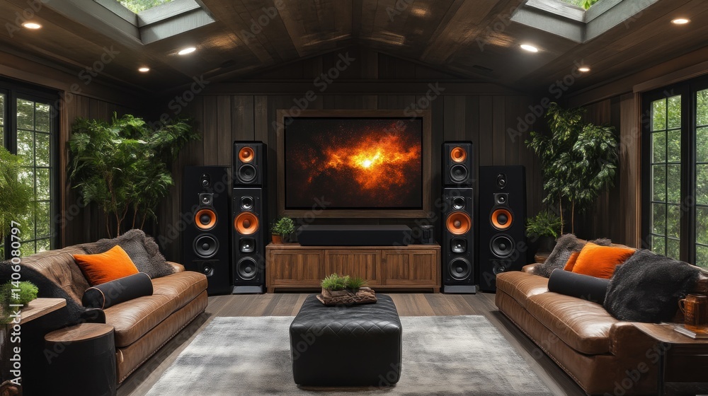 Fototapeta premium Modern Home Theater with Surround Sound and Cozy Seating Arrangement