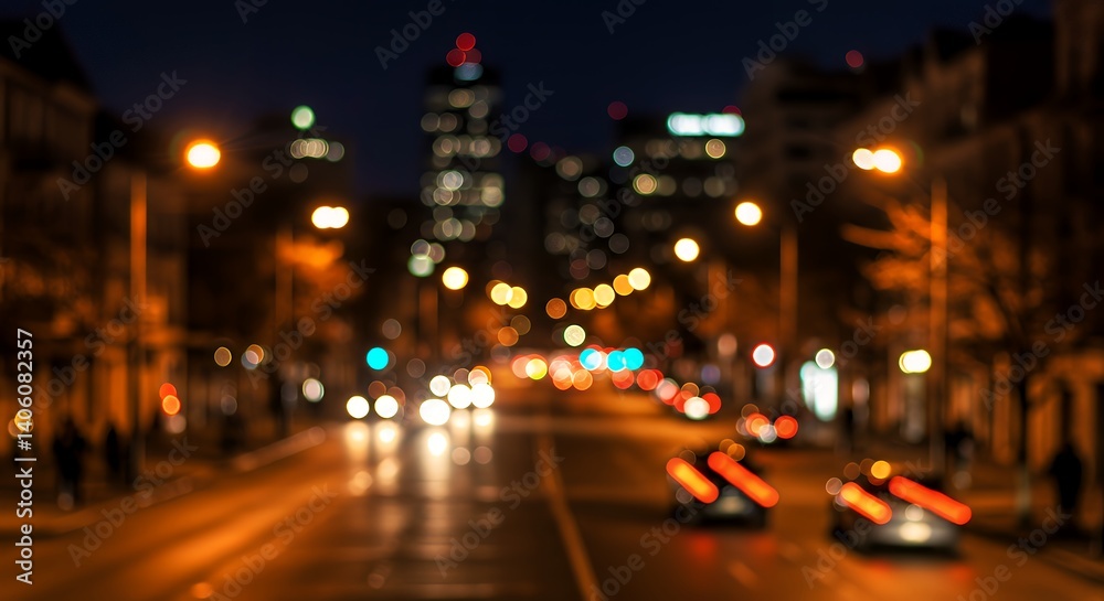 Blurred city night lights, bokeh effect of street at night with buildings and cars, concept for urban photography, travel blog, and city guide Blurred city night lights, bokeh effect of street at night with buildings and cars, concept for urban photography, travel blog, and city guide
