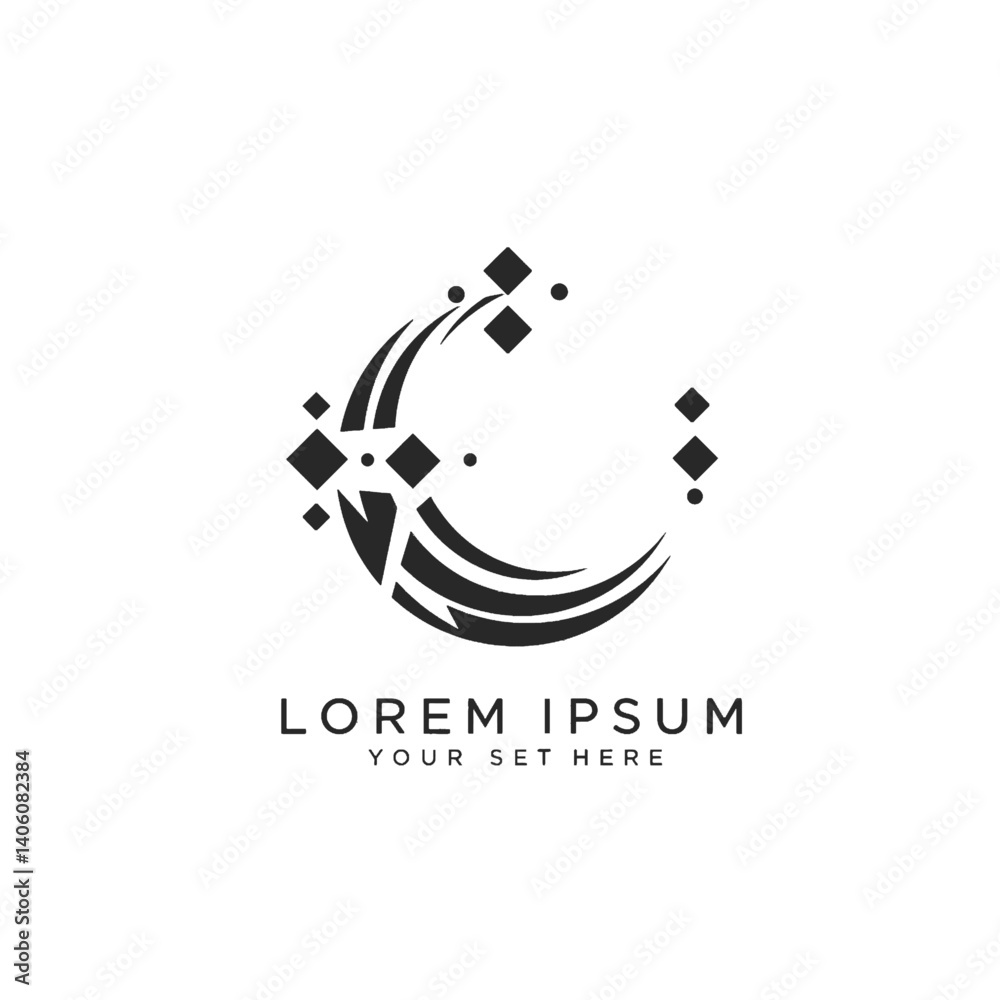 Fototapeta premium Abstract Crescent Logo Design with Stars and Lines
