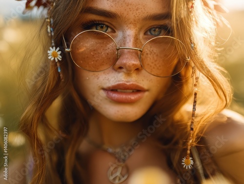 Young woman with freckles w...