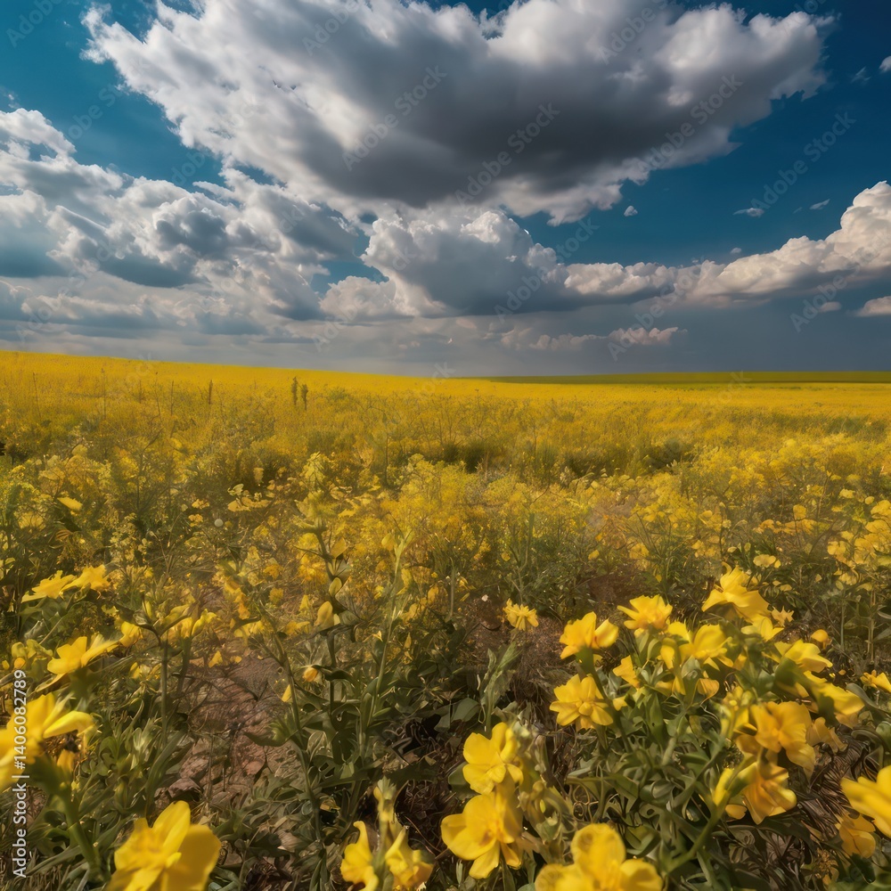 Obraz premium Beautiful field covered with yellow flowers with magnificent clouds in the sky in the