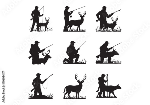 Set of hunting illustrations with hunters, dogs, and deer in various poses