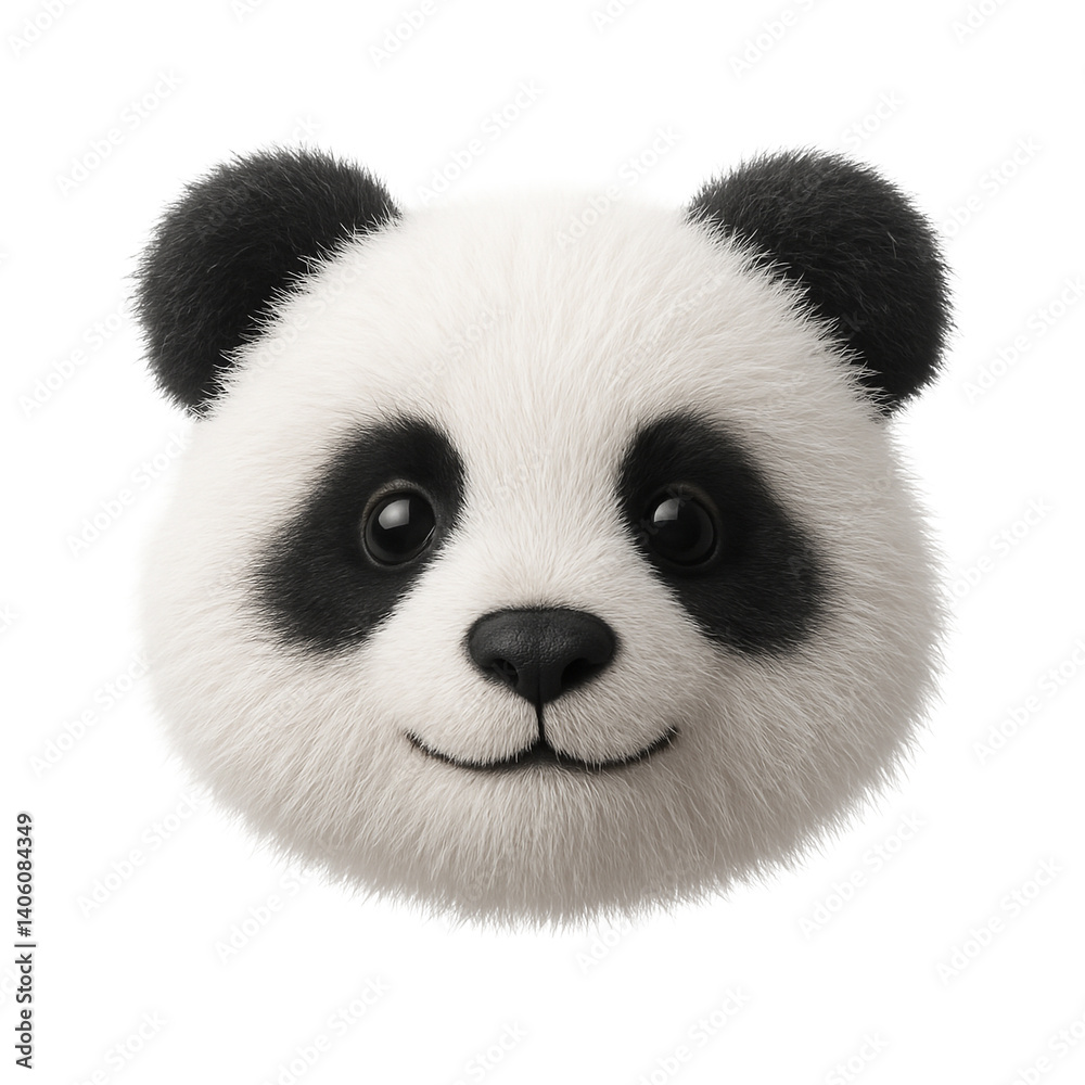 Obraz premium Adorable plush toy emoji of a panda face with soft black ears, round eyes, and a gentle smile, crafted from fluffy white and black fabric, isolated on a transparent background.