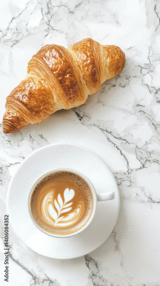 Classic italian breakfast setting with espresso and buttery croissant on marble. concept of morning energy, culinary tradition, cozy start to the day. Vertical