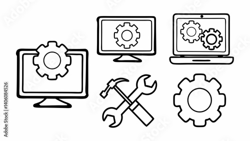 "Line icons representing system update process, gear configurations, and developer tools — customizable stroke width, flat minimal design, ideal for tech UI kits."