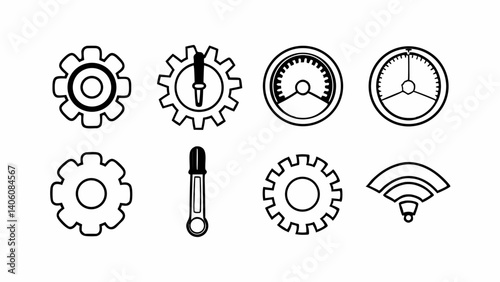 "Editable stroke vector illustrations of system gears, update progress indicators, control dials, and technical tools — consistent line art style for interface settings or dashboards."