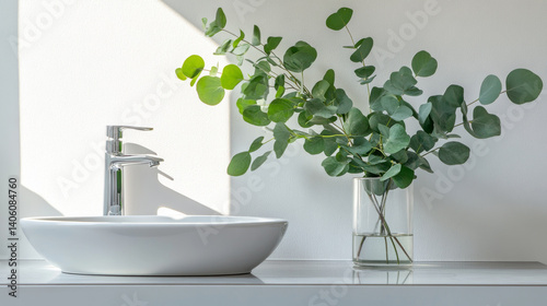 Close-up of stylish ceramic sink in modern bathroom with eucalyptus decor. concept of minimalist interior design, tranquil spaces, elegant home aesthetics