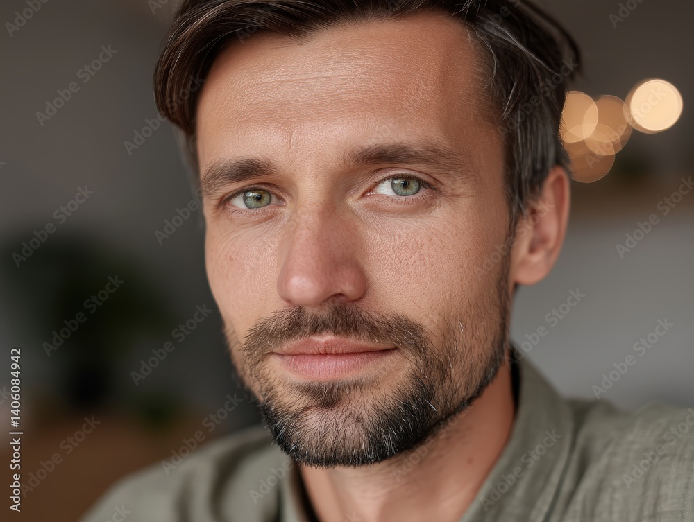 Fototapeta premium Young man with green eyes, short brown hair, and a well-groomed beard gazes confidently. Dressed in a green shirt, the soft-focus lights behind add warmth to the portrait