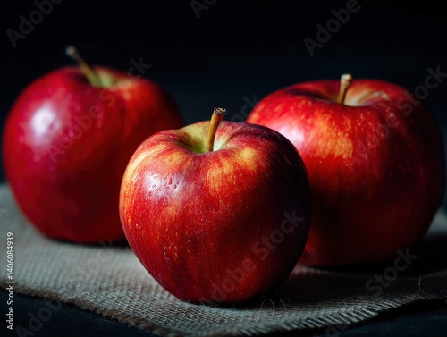 Three shiny red apples with...