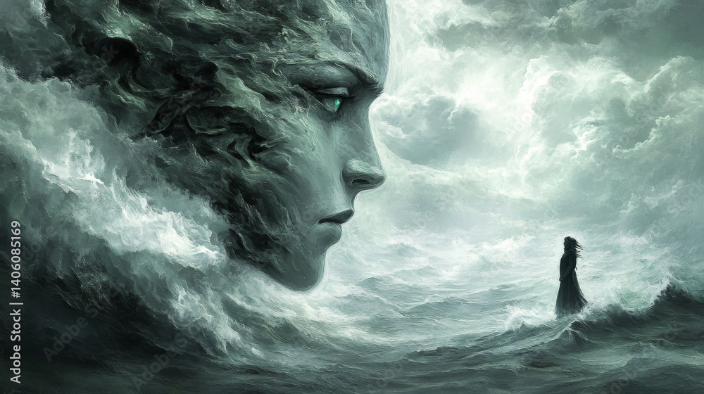 Ethereal ocean scene with giant face in waves and silhouetted woman. concept of imagination, fantasy elements, and mystical landscapes in art