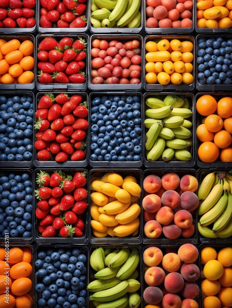 A colorful display of various fruits in black boxes arranged in a grid pattern. A colorful display of various fruits in black boxes arranged in a grid pattern.