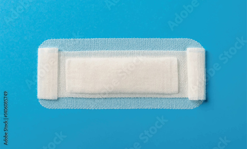 Medical gauze bandage isolated on blue background. New, natural medical gauze, bandage. Vector illustration. Copy the field. Health background, template, wallpaper.
