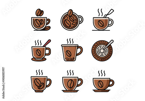 Set of coffee cup illustrations with beans, steam, and accessories