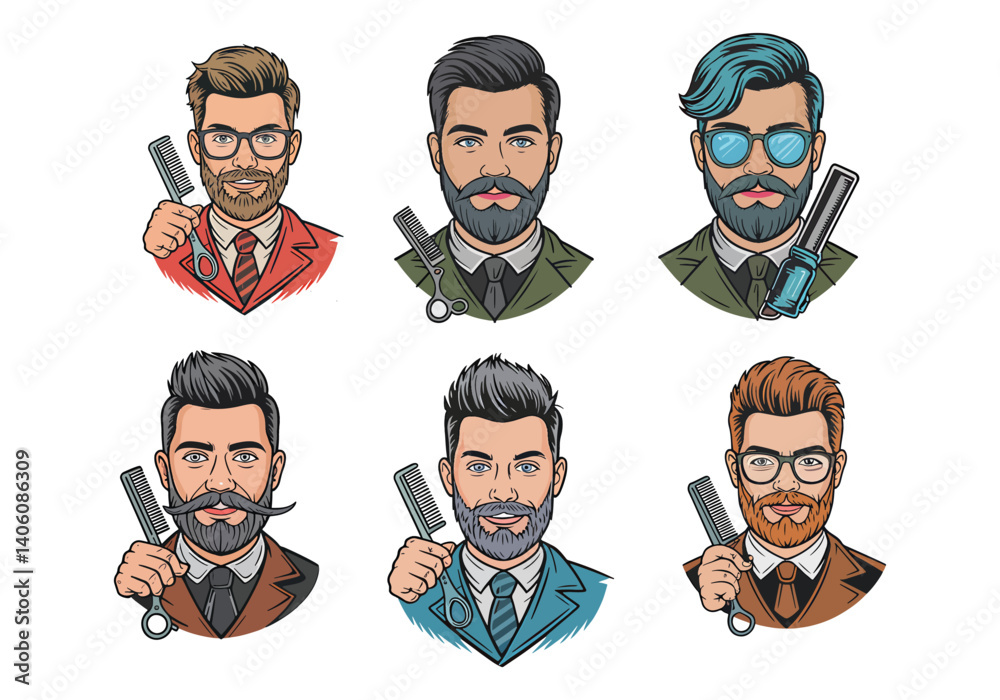 Fototapeta premium Set of stylish barber illustrations with different hairstyles and outfits