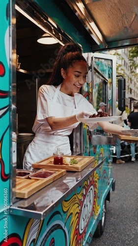Smiling young woman chef serving food at a vibrant food truck
