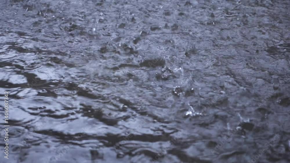Heavy raindrops fall in puddles on the ground. Beautiful Rain, Drizzling Rain, Gentle Rain. Heavy raindrops fall in puddles on the ground. Beautiful Rain, Drizzling Rain, Gentle Rain.