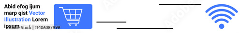 Shopping cart icon connected to a wireless signal symbol via lines, representing e-commerce, digital shopping, and online transactions. Ideal for technology, internet, retail, e-commerce, mobile