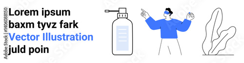 Hand sanitizer bottle, person with VR headset gesturing, and abstract plant. Ideal for technology, gaming, health, hygiene, innovation, sustainability simple landing page