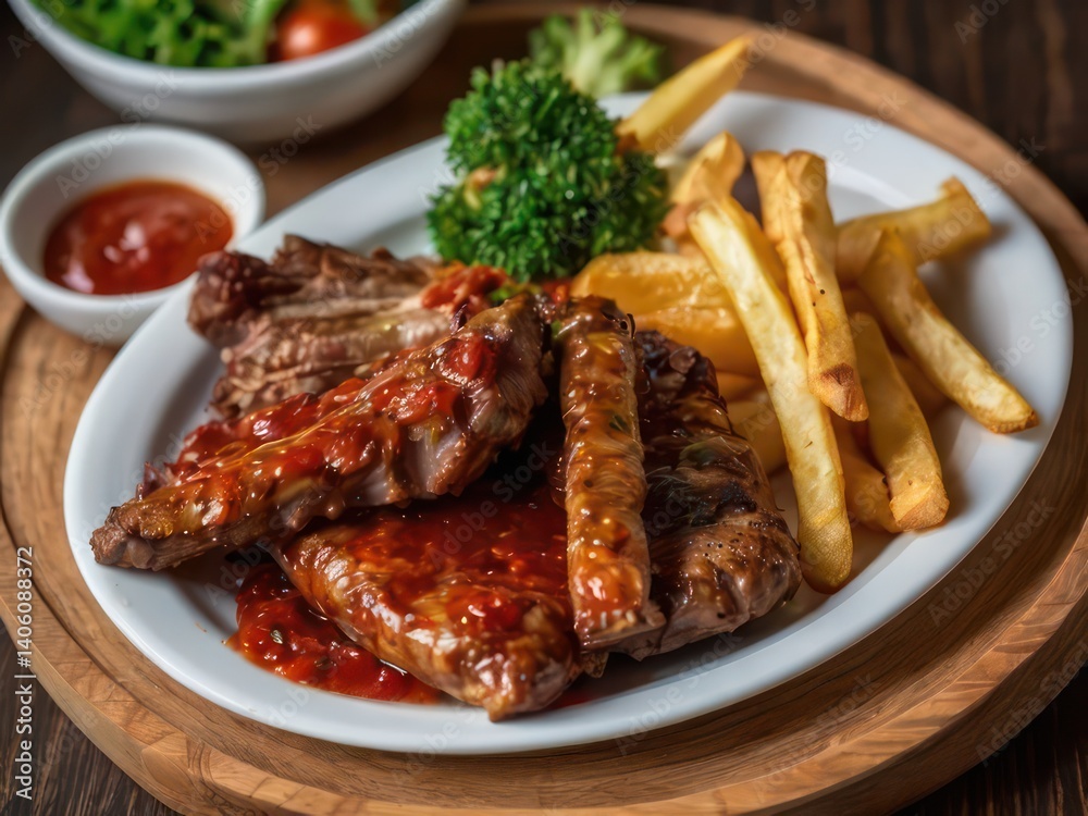 Closeup of roasted meat with sauce, vegetables and fries in a plate on the table Closeup of roasted meat with sauce, vegetables and fries in a plate on the table