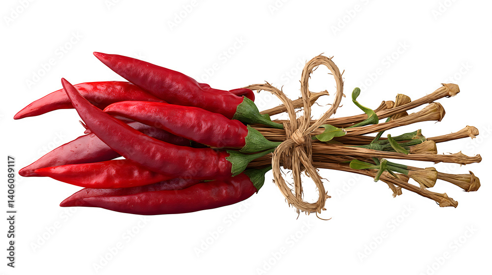 Red chili peppers bundle with stalks tied together isolated on transparent background, hd realistic 8k, --ar 16:9 --v 7.0 Red chili peppers bundle with stalks tied together isolated on transparent background, hd realistic 8k, --ar 16:9 --v 7.0