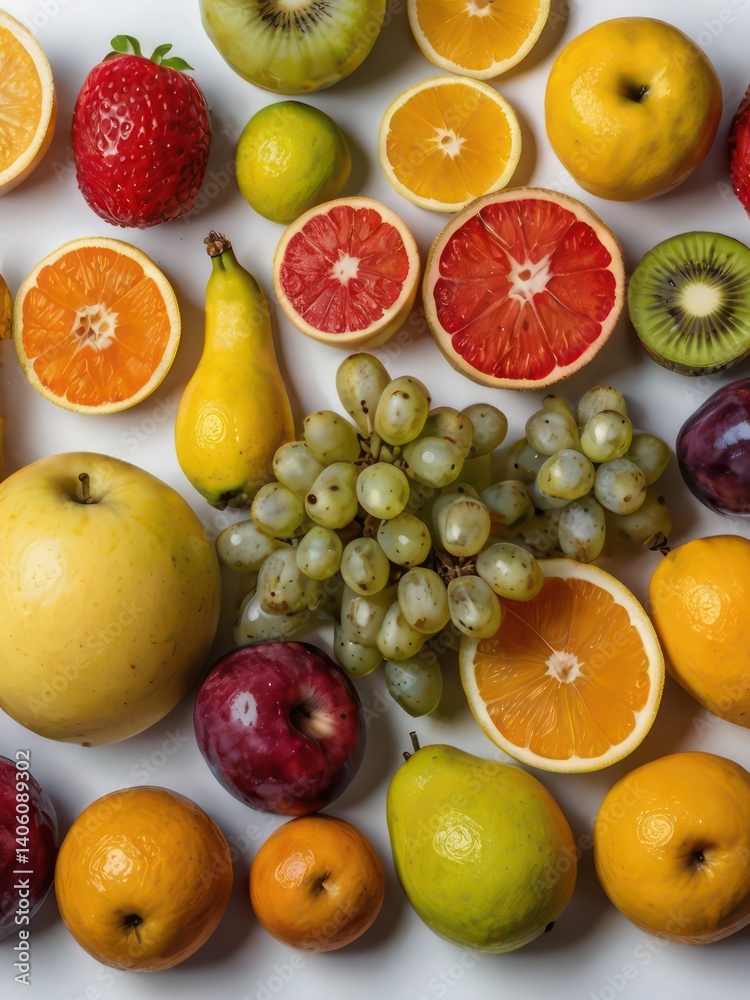 Colorful fruits tasty fresh ripe juicy on a white desk Colorful fruits tasty fresh ripe juicy on a white desk