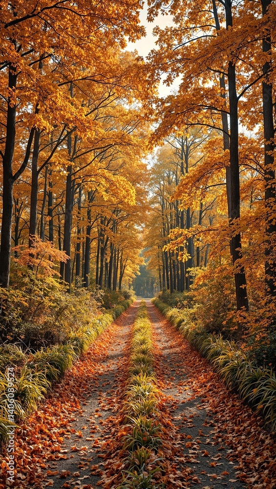 Fototapeta premium Tranquil autumn forest trail with colorful leaves and sunlight streaming through tall trees