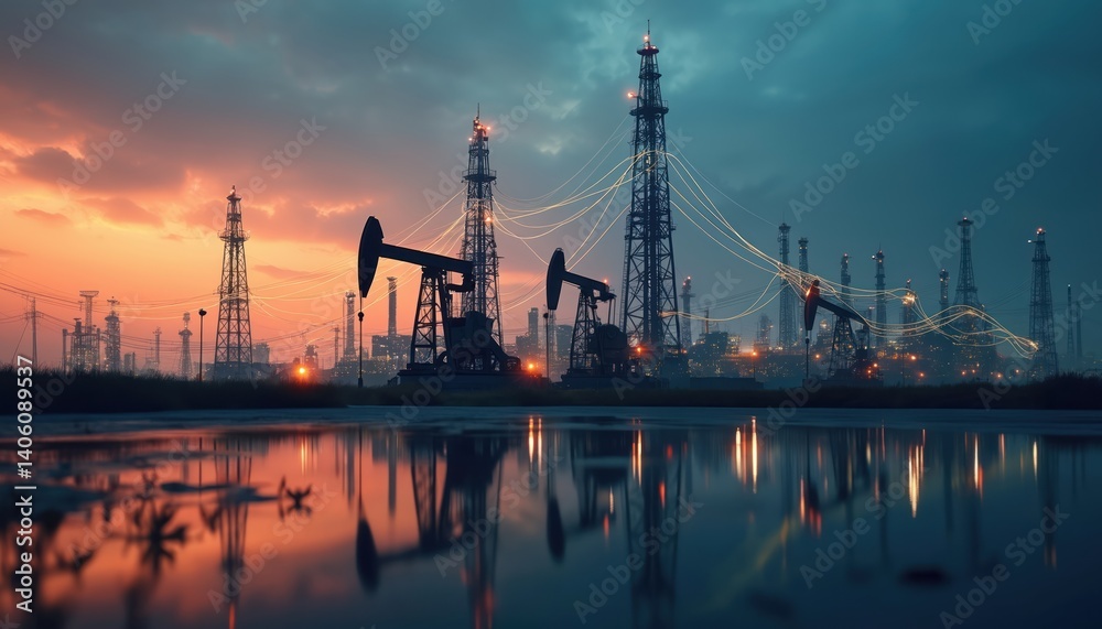 Obraz premium Silhouettes of oil, gas fields, fossil fuel stations at sunset. Crude oil extraction industry infrastructure, power engineering equipment with pumps. Drilling, refinery plants. Environmental tech.