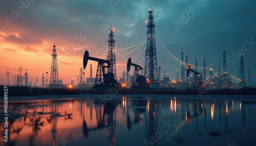 Silhouettes of oil, gas fields, fossil fuel stations at sunset. Crude oil extraction industry infrastructure, power engineering equipment with pumps. Drilling, refinery plants. Environmental tech.