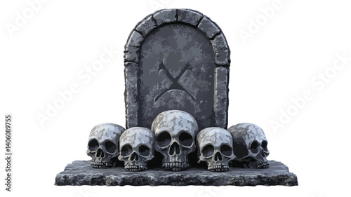 Spooky 3D Tombstone with Skulls Isolated for Halloween Theme