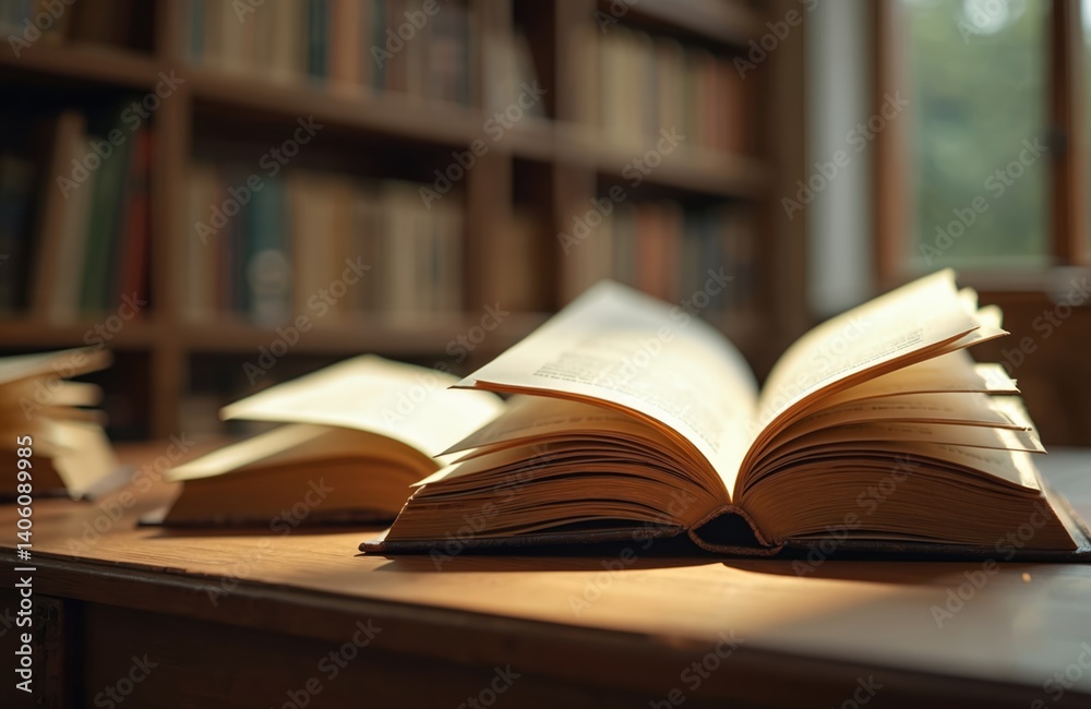 Open books on wooden table in library. Bookshelves background. Reading concept, study, learning, literature. Knowledge, education. Vintage books pages in sunlight. Academic, school, university, Open books on wooden table in library. Bookshelves background. Reading concept, study, learning, literature. Knowledge, education. Vintage books pages in sunlight. Academic, school, university,