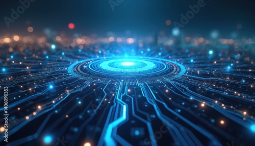 Abstract background of future technology concept. Digital business solutions, web interface with glowing circle. Innovative tech design circuit board lines with data flow, digital transformation