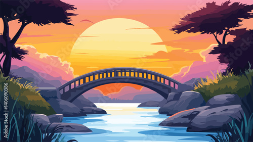 Serene Sunset Bridge Over River