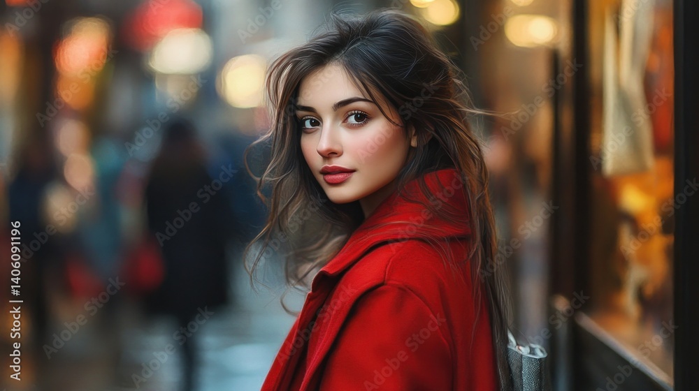 A close-up portrait of a beautiful young brunette woman in a red coat, walking down a lively street A close-up portrait of a beautiful young brunette woman in a red coat, walking down a lively street