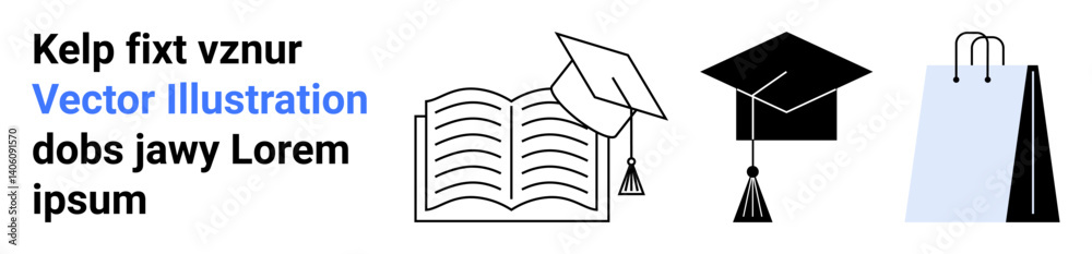 Graduation cap, open book, and shopping bag arrangement highlighting education, learning, achievement, and retail concepts. Ideal for education, graduation, learning academia shopping retail