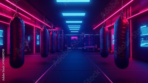 Chains support neon-lit punching bags in a futuristic gym setting