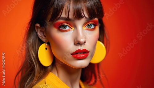 Vibrant beauty portrait. Woman with bold colorful makeup and fashionable accessories. Red lips, yellow earrings, orange background. Glamour style. Chic, trendy image for beauty, fashion advertising. photo