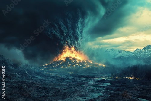 Volcanic eruption creates fiery landscape as smoke billows into the sky at dusk